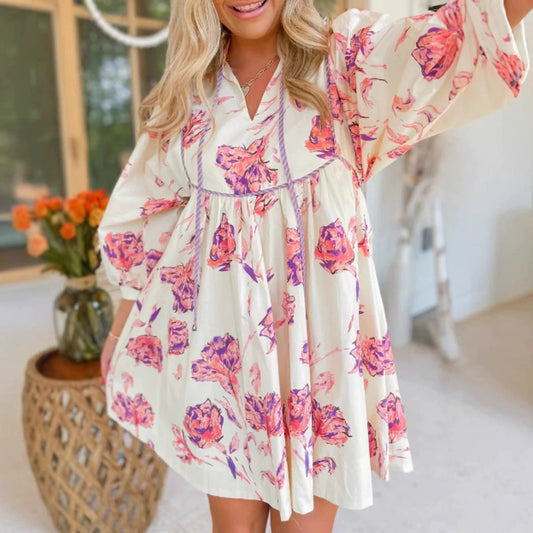 Robe courte femme – Coton – Manches bouffantes – Col en V – Taille cintrée