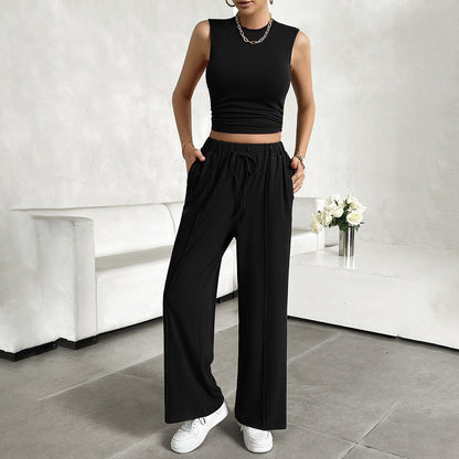 Ensemble Femme 2 Pièces – Haut Court Sans Manches – Pantalon Large Taille Élastique