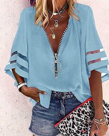 Blouse femme – Coupe décontractée – Manches coude ajourées – Col V zippé