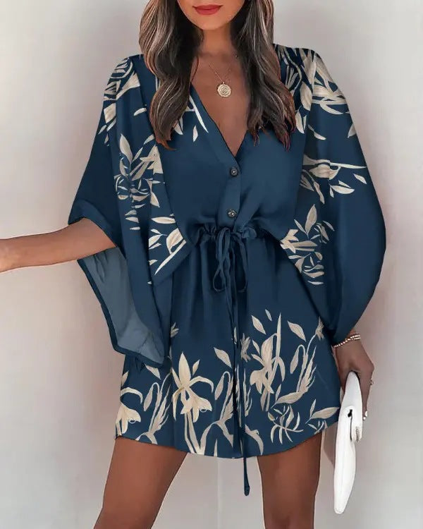 Robe femme décontractée – Coupe fluide – Mini longueur – Manches volantées – Taille à nouer