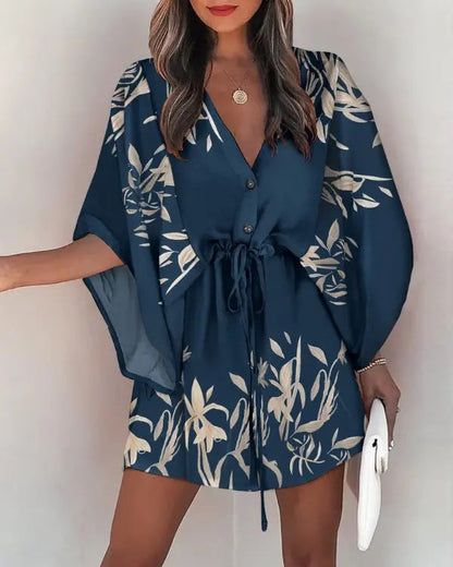 Robe femme décontractée – Coupe fluide – Mini longueur – Manches volantées – Taille à nouer