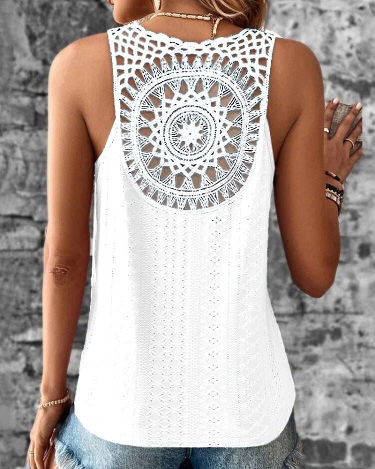 Haut sans manches femme – Coupe décontractée – Col en V – Détails crochet – Coton respirant