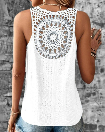 Haut sans manches femme – Coupe décontractée – Col en V – Détails crochet – Coton respirant