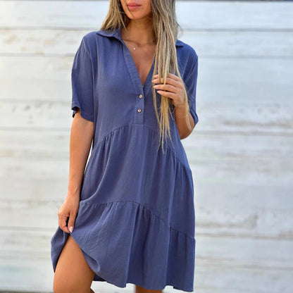 Robe femme évasée – Fibres naturelles respirantes – Manches courtes – Col boutonné