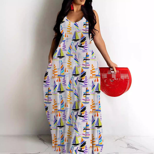 Robe longue femme – Décolleté en V – Bretelles fines – Coupe fluide – Imprimé abstrait