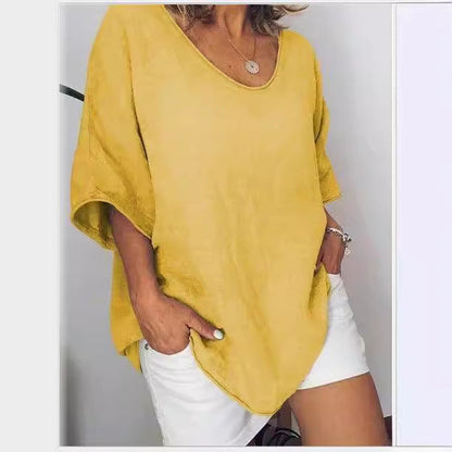 T-shirt Femme – Coupe Ample – Lin et Coton – Manches Courtes – Col en V Casual