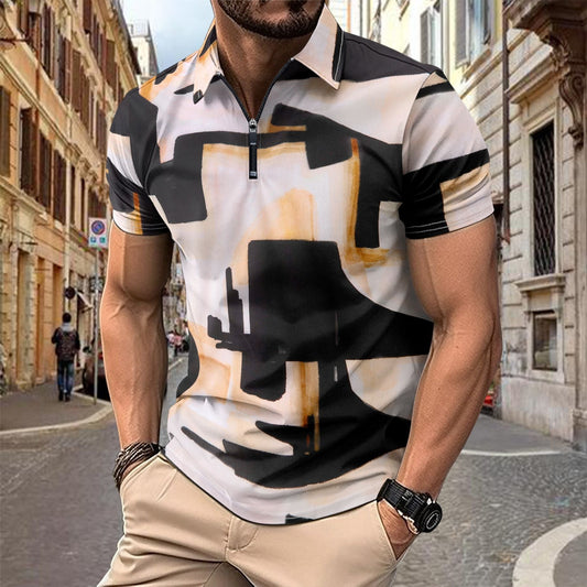 Chemise homme manches courtes – Coupe slim – Coton – Col zippé imprimé abstrait