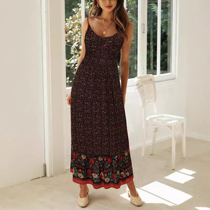 Robe longue femme – Coupe fluide – Décolleté en V – Bretelles fines – Imprimé bohème