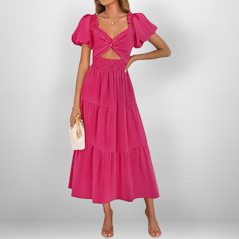 Robe longue femme – Tissu respirant – Col en V – Taille smockée – Jupe à volants
