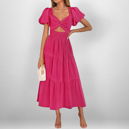 Robe longue femme – Tissu respirant – Col en V – Taille smockée – Jupe à volants
