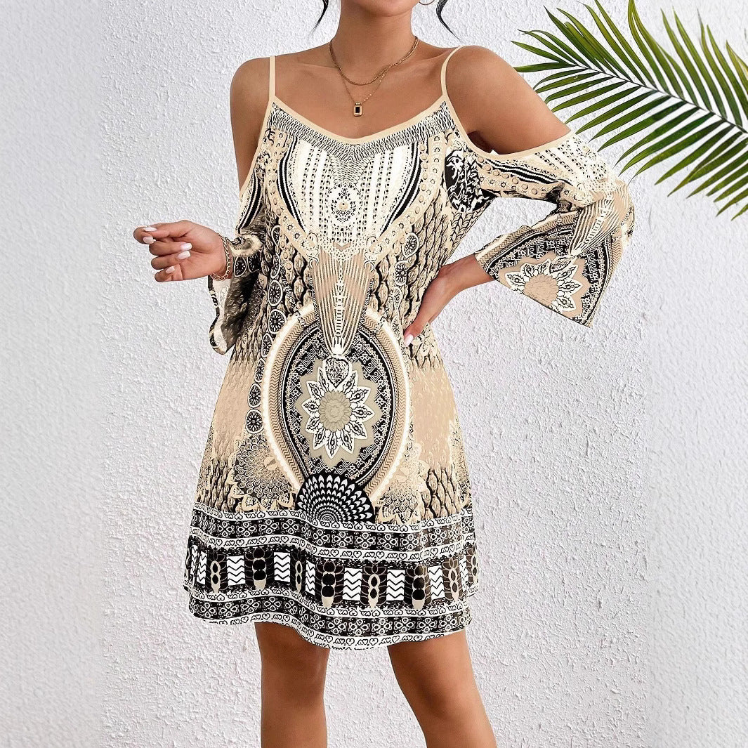 Robe Midi Femme – Coupe Ample – Épaules Dénudées – Manches Mi-longues