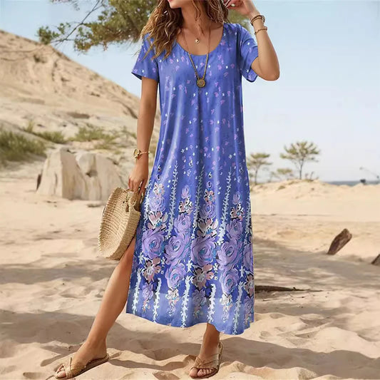 Robe midi femme – Coupe ample – Manches courtes – Motif fleuri – Tissu coton
