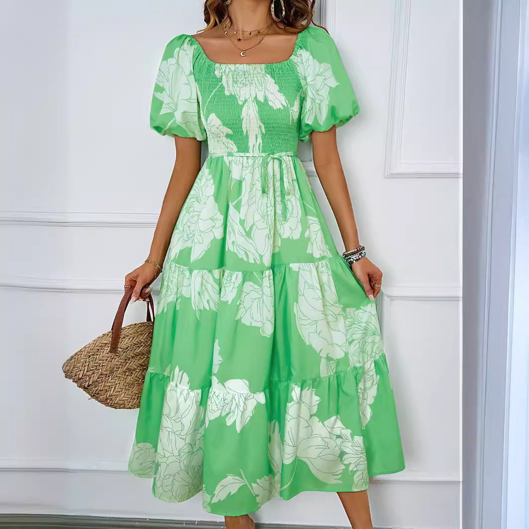 Robe midi femme – Épaules dénudées – Manches bouffantes – Coupe évasée fluide