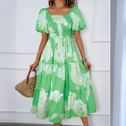 Robe midi femme – Épaules dénudées – Manches bouffantes – Coupe évasée fluide