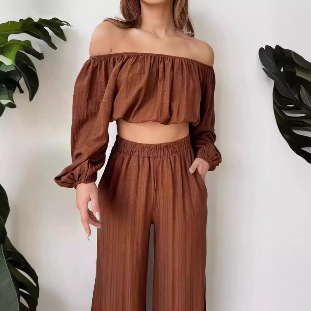 Women's Two-Piece Set – Off-Shoulder Top – High-Waist Wide-Leg Pants