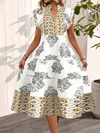 Robe midi femme – Coupe décontractée – Col en V – Manches courtes – Tissu respirant imprimé