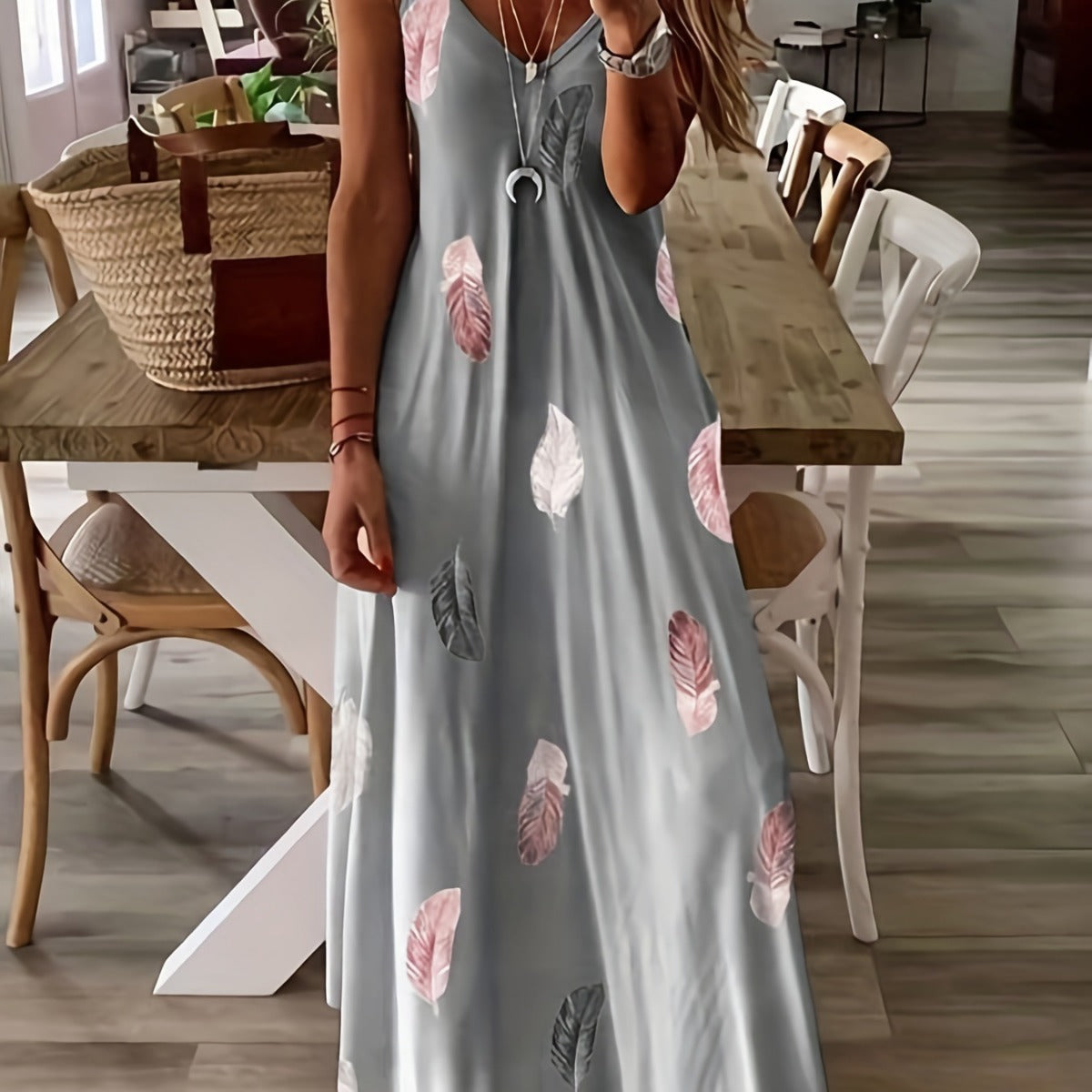 Robe longue femme – Sans manches – Imprimé feuilles – Col en V – Coupe fluide respirante