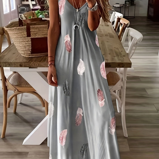 Robe longue femme – Sans manches – Imprimé feuilles – Col en V – Coupe fluide respirante