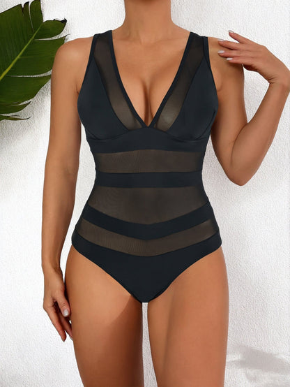 Maillot de bain femme une-pièce – Décolleté plongeant – Empiècements en mesh – Ajusté