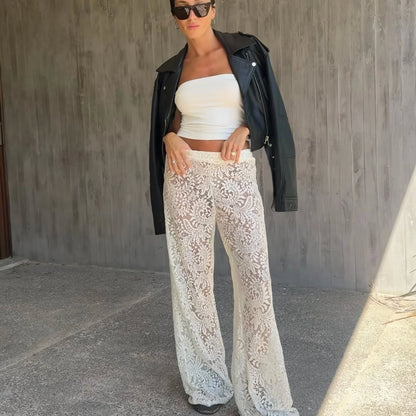 Pantalon large pour femme - Dentelle transparente - Longueur totale
