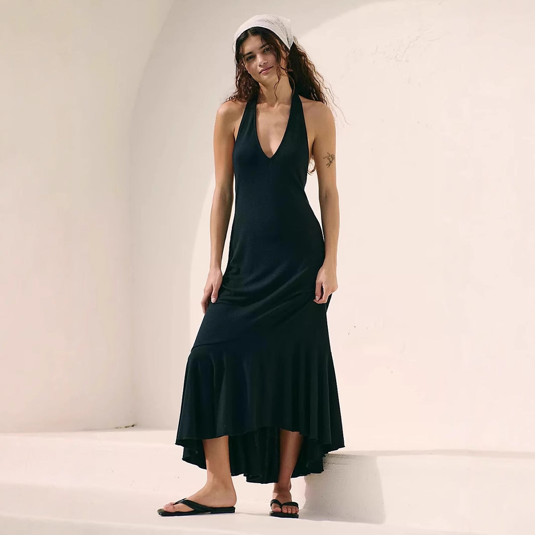 Robe longue femme – Col halter – Décolleté plongeant – Tissu fluide respirant