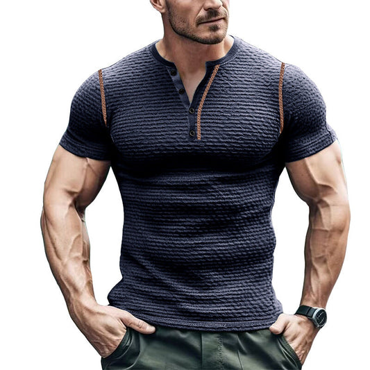 T-shirt Henley homme – Coupe ajustée – Maille gaufrée respirante – Manches courtes