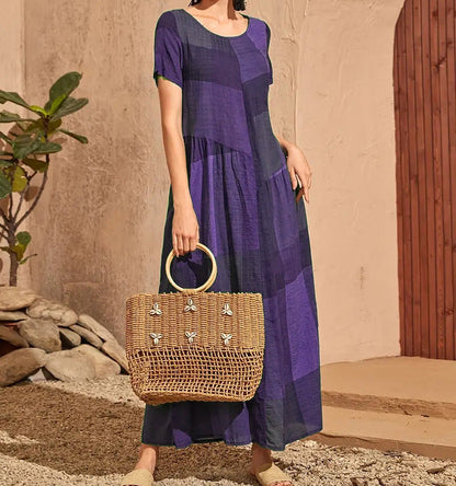 Robe longue femme – Coupe ample évasée – Coton – Manches courtes – Imprimé à carreaux