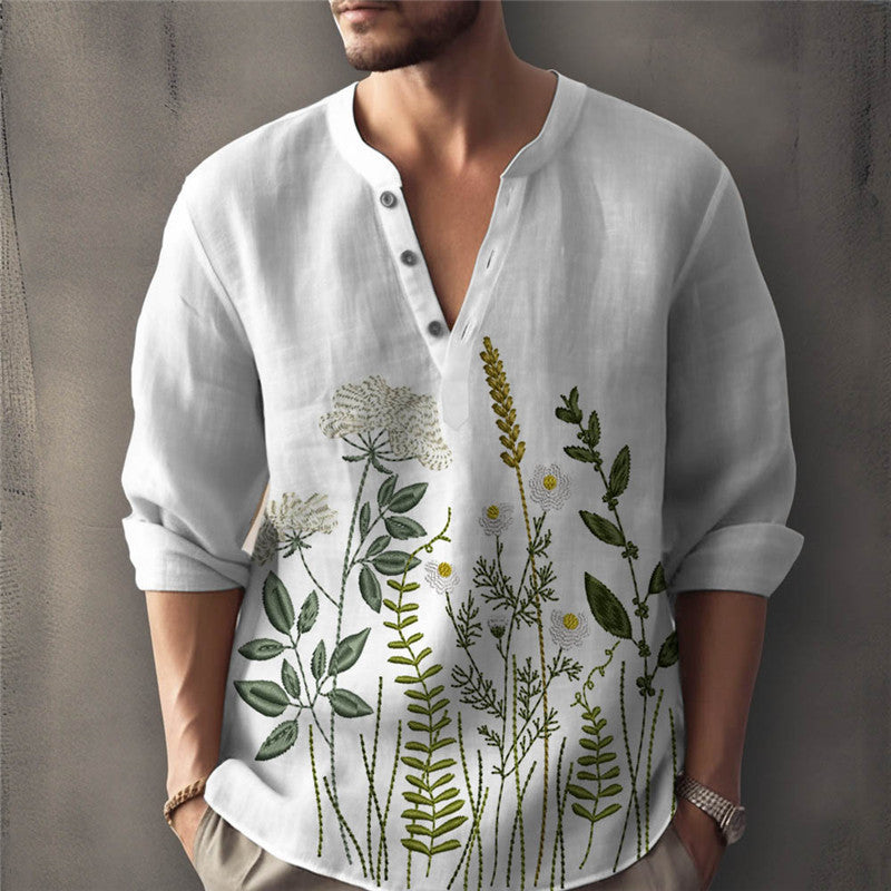 Men's shirt – Loose fit – Floral embroidery – Henley Collar