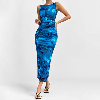 Robe femme sans manches – Coupe ajustée – Longueur midi – Motif imprimé – Fente côté