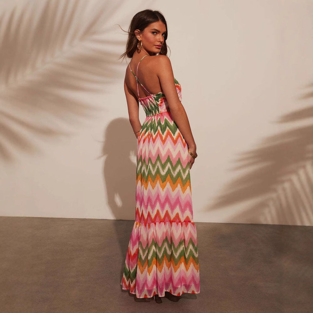 Robe longue femme – Col halter – Coupe fluide – Jupe évasée à volants – Tissu respirant