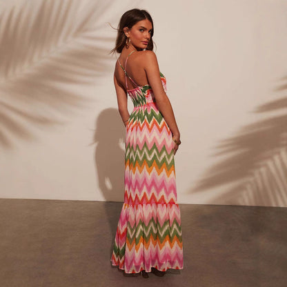 Robe longue femme – Col halter – Coupe fluide – Jupe évasée à volants – Tissu respirant