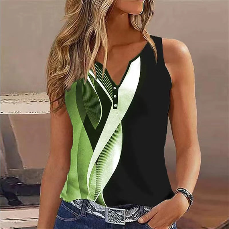 Top sans manches femme – Coupe décontractée – Col en V – Boutons décoratifs – Motif abstrait – Tissu respirant