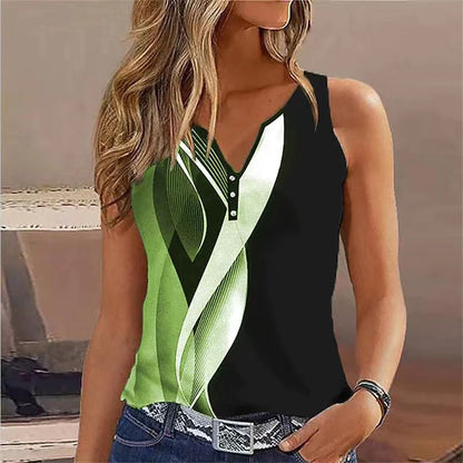 Top sans manches femme – Coupe décontractée – Col en V – Boutons décoratifs – Motif abstrait – Tissu respirant