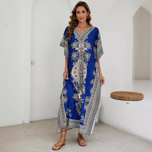 Robe longue femme – Tissu respirant – Coupe fluide – Manches courtes larges – Col en V