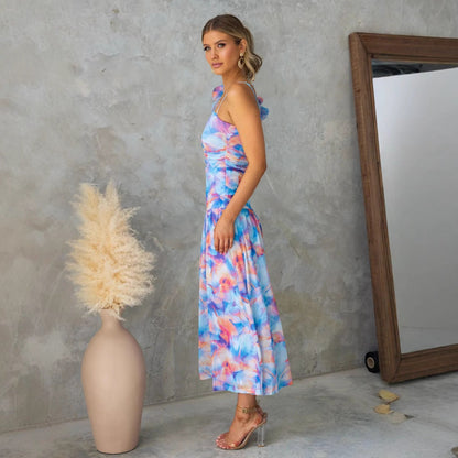 Women's midi dress – Thin straps – Abstract print – Ruffled shoulder – Mesh