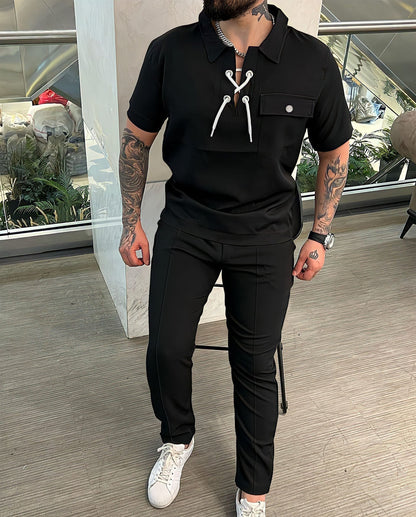 Men's two-piece set – Top with lace-up collar – Matching pants – Slim fit – Breathable fabric