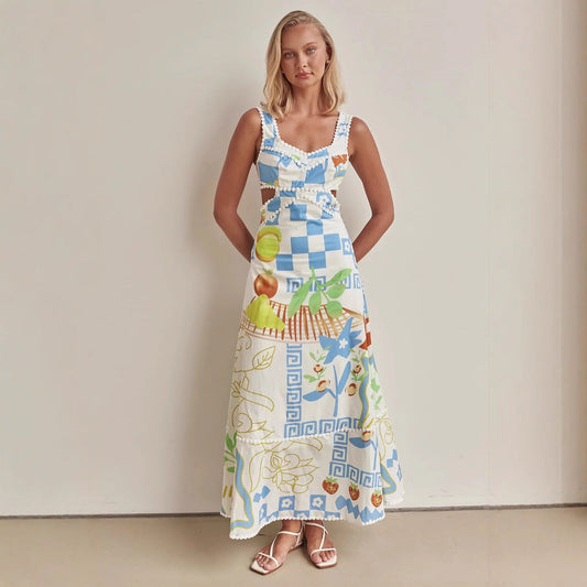 Robe longue femme – Bretelles fines – Décolleté en V – Taille ajourée – Imprimé fluide