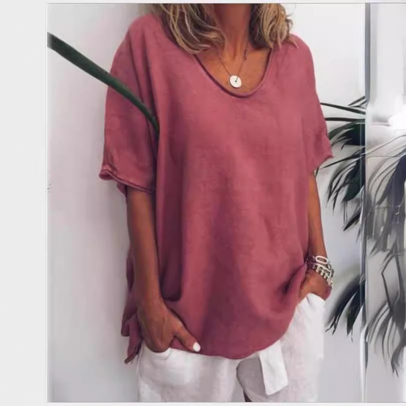 T-shirt Femme – Coupe Ample – Lin et Coton – Manches Courtes – Col en V Casual