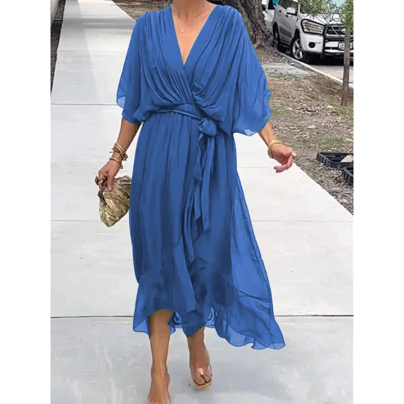 Robe longue femme – Tissu fluide – Manches chauve-souris – Taille nouée – Ourlet asymétrique