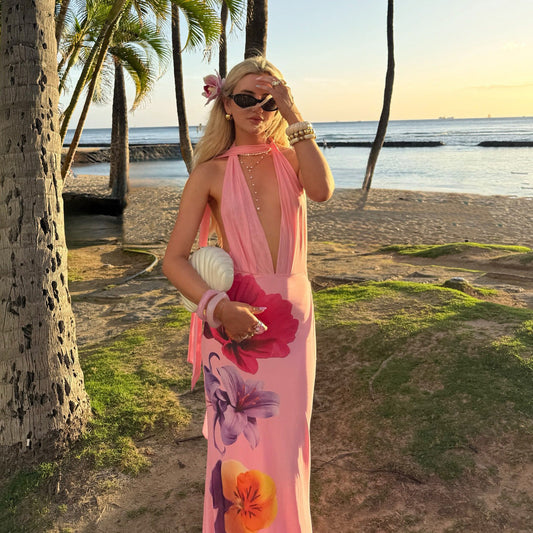 Robe longue femme – Coupe slim – Décolleté plongeant – Col dos nu – Imprimé floral