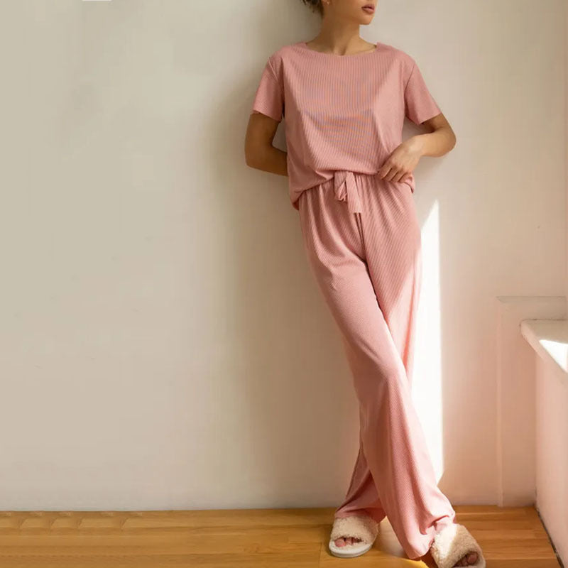 Women's Loungewear Set – Cropped Top Short Sleeves – Wide Pants – Drawstring Waist