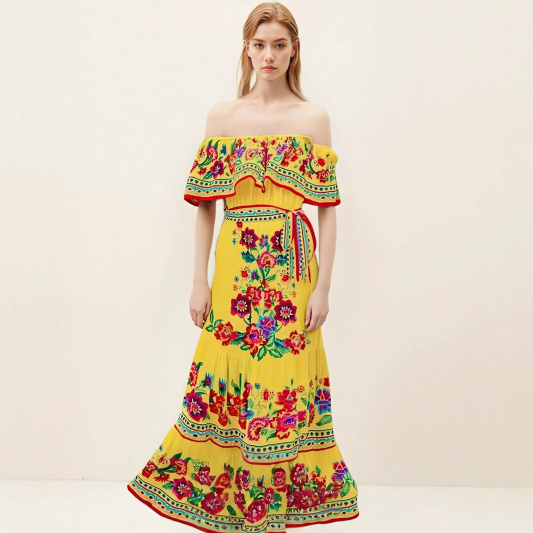 Robe longue femme – Épaules dénudées – Imprimé fleuri – Taille ajustable – Jupe à volants