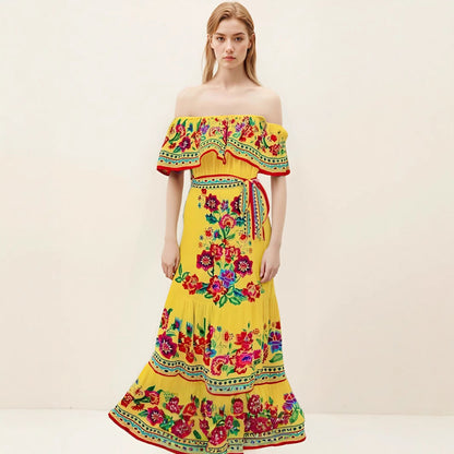 Robe longue femme – Épaules dénudées – Imprimé fleuri – Taille ajustable – Jupe à volants