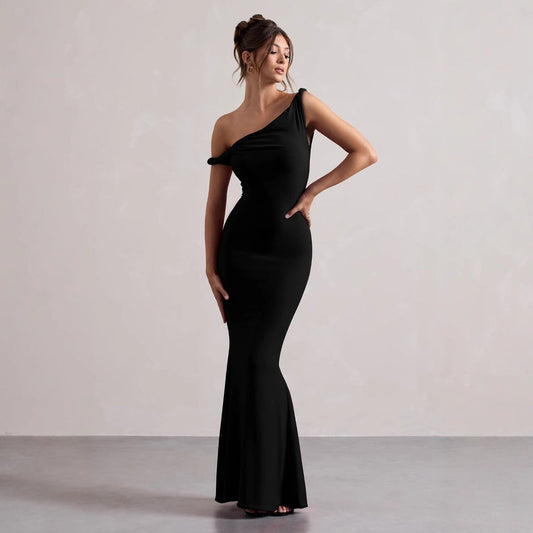 Robe longue femme – Coupe moulante – Épaule dénudée – Tissu respirant élégant
