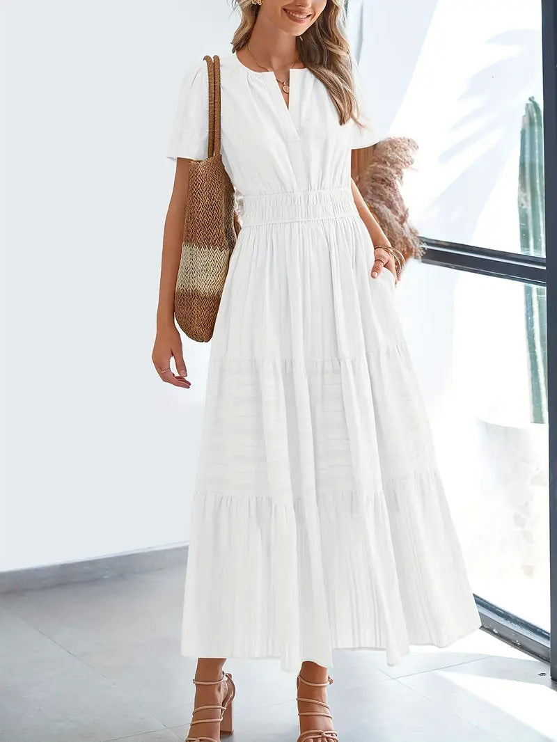 Robe longue femme – Col en V – Manches bouffantes – Taille froncée – Coupe évasée