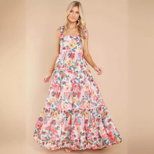Robe longue femme – Sans manches – Imprimé fleuri – Coupe fluide – Tissu respirant
