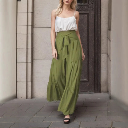 Pantalon large femme – fibres naturelles – taille haute nouée – style bohème fluide