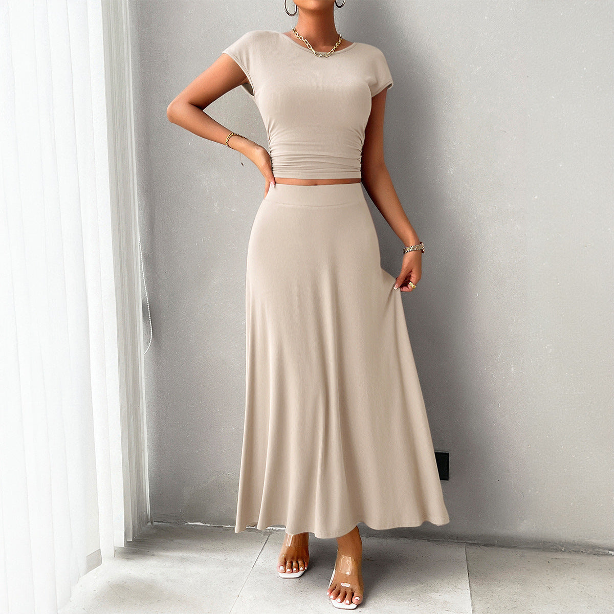 Ensemble Robe Femme – Haut Court Ajusté Froncé – Jupe Longue Fluide Taille Haute