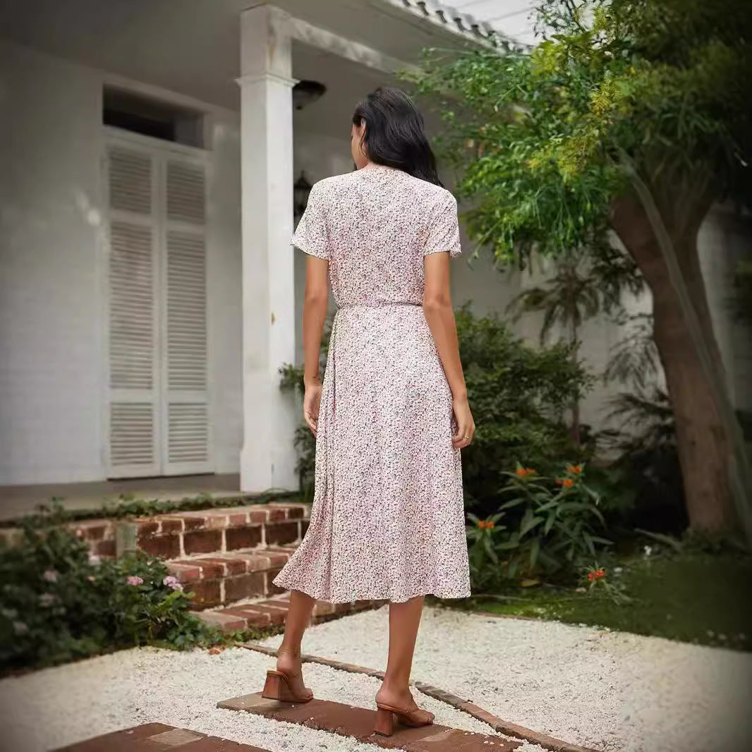 Robe midi femme – Décolleté en V – Motif fleuri – Coupe ample – Tissu respirant