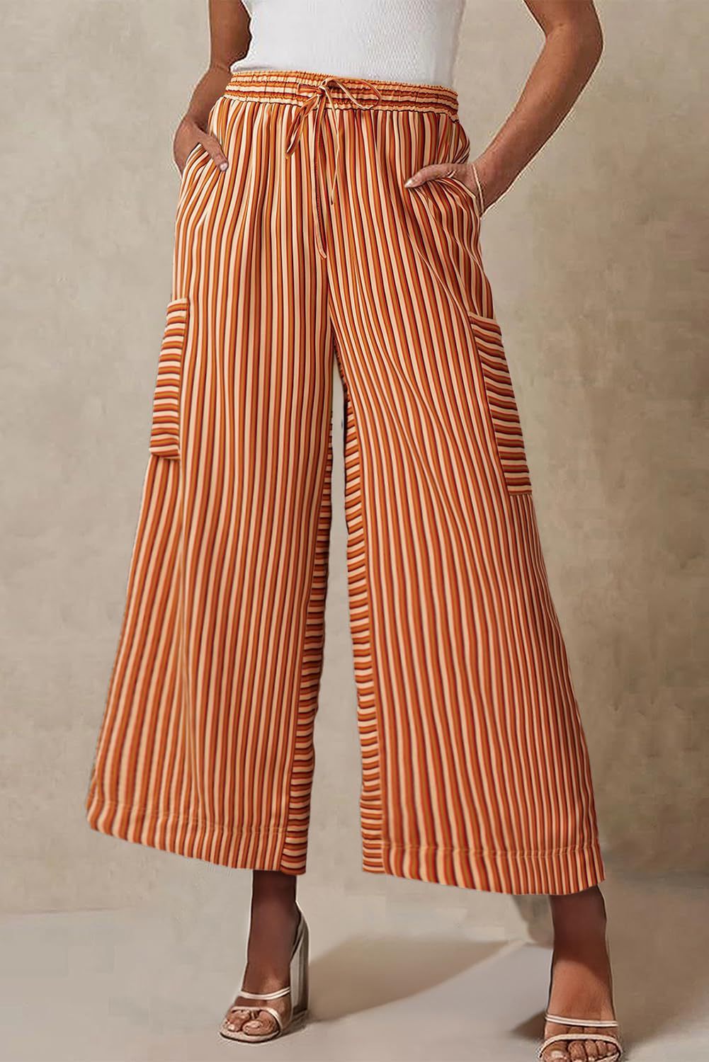 Pantalon femme large – Coupe décontractée – Rayures verticales – Tissu respirant – Taille à cordon